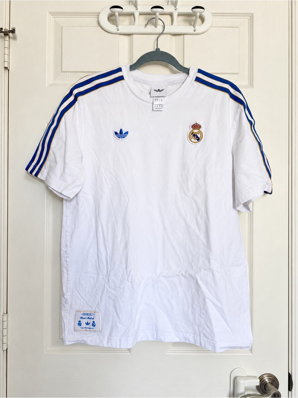 Men Adidas White Real Madrid Short-Sleeve Tee with Blue Stripes